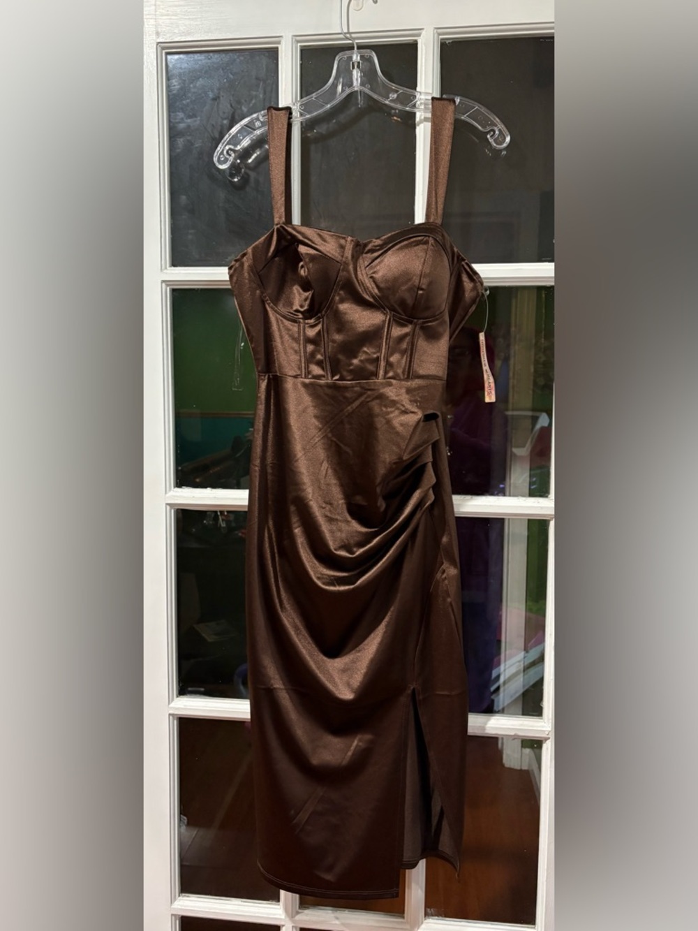 Satin Ruched Brown Midi Dress with Sweetheart Bust
